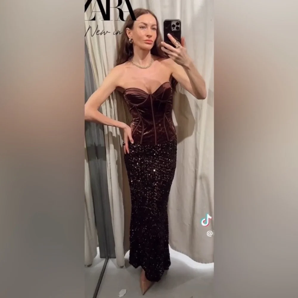ZARA LONG SEQUIN SKIRT BROWN LARGE